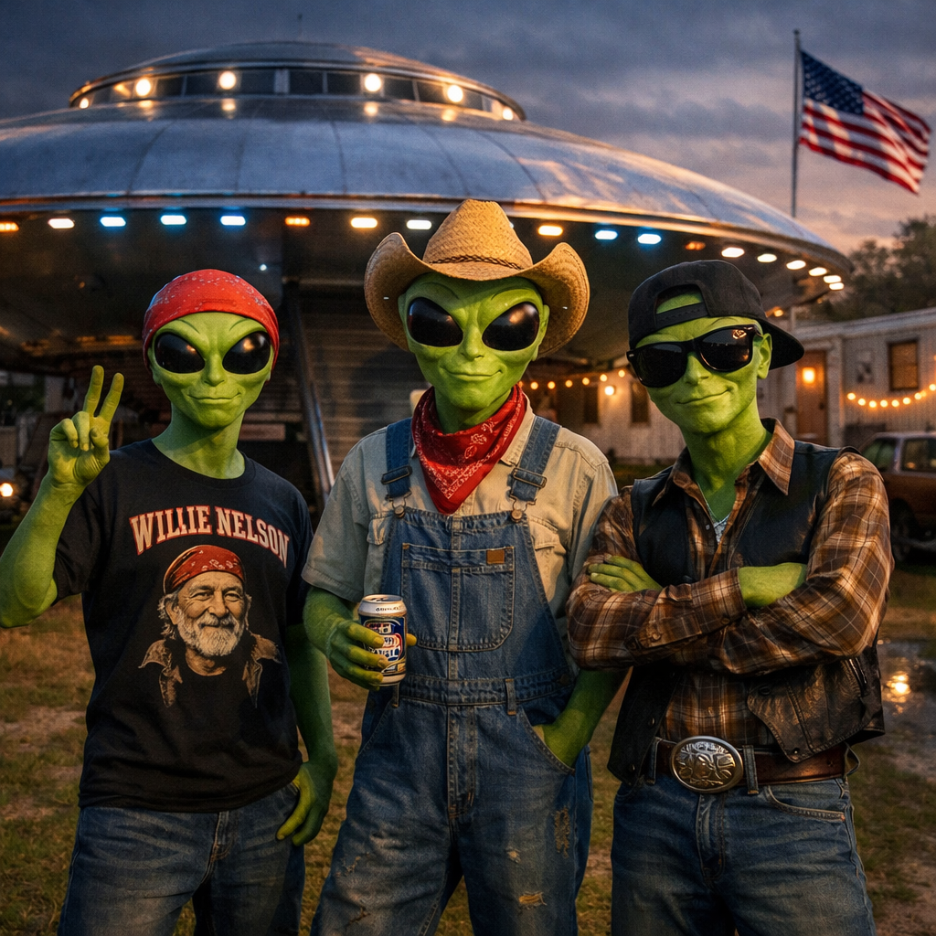 Three funny green aliens standing in front of a silver spacecraft outside a trailer park at twilight
